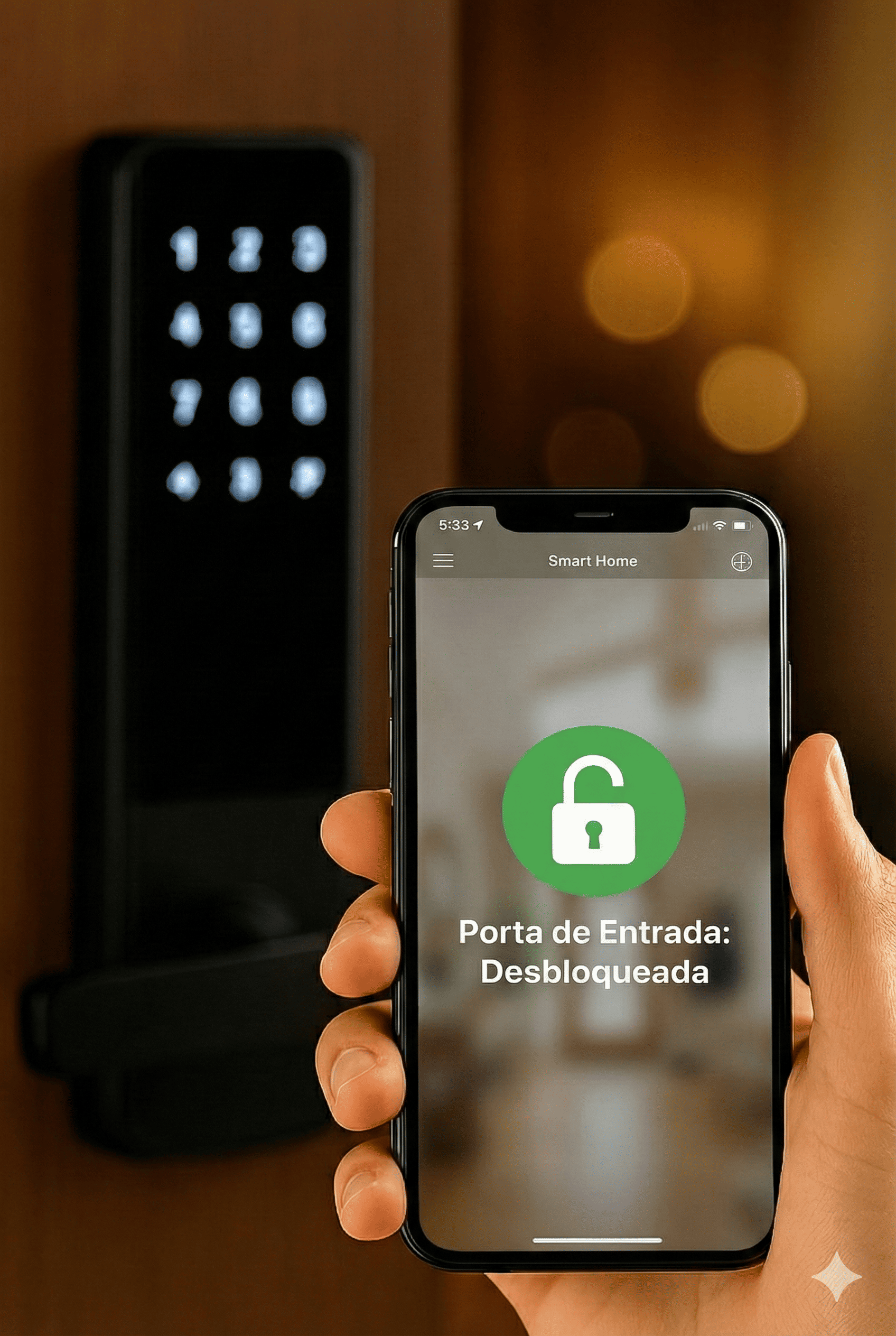 Controlando a abertura da porta pelo celular via aplicativo de casa inteligente.