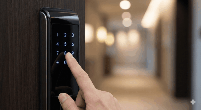 Fechadura digital com teclado touch screen iluminado instalada em porta de madeira.