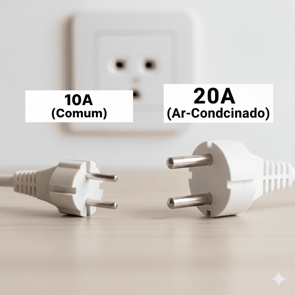 Comparação entre plugue de 10 amperes fino e 20 amperes grosso para evitar derretimento.