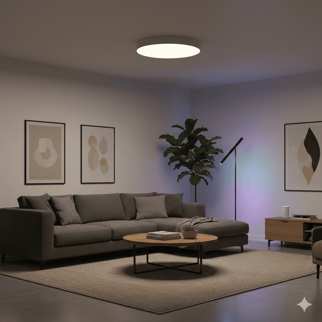 Sala de estar moderna com iluminação automatizada controlada por Alexa.