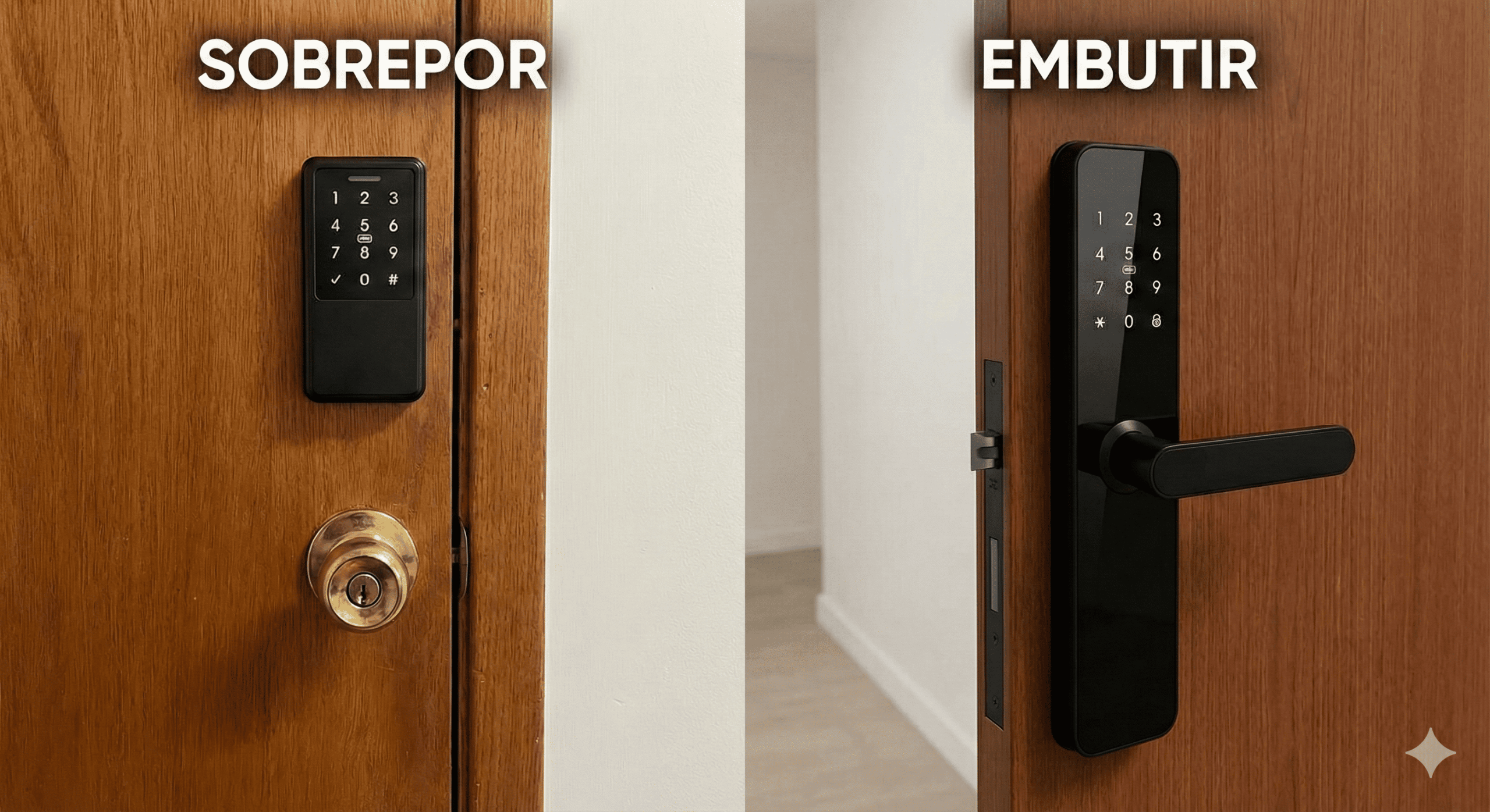 Diferença visual entre fechadura de sobrepor (mantém maçaneta) e fechadura de embutir (substitui maçaneta).