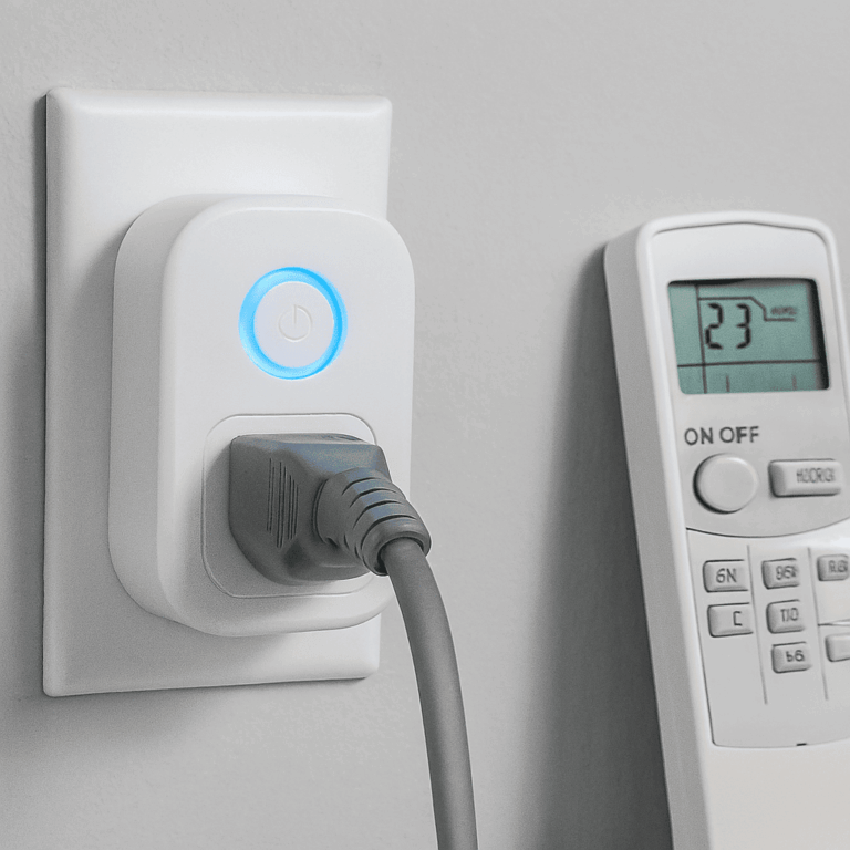 Tomada inteligente conectada ao ar condicionado para monitorar consumo e controlar pelo celular.