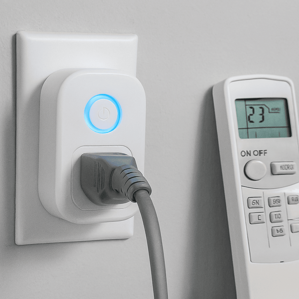 Tomada inteligente conectada ao ar condicionado para monitorar consumo e controlar pelo celular.